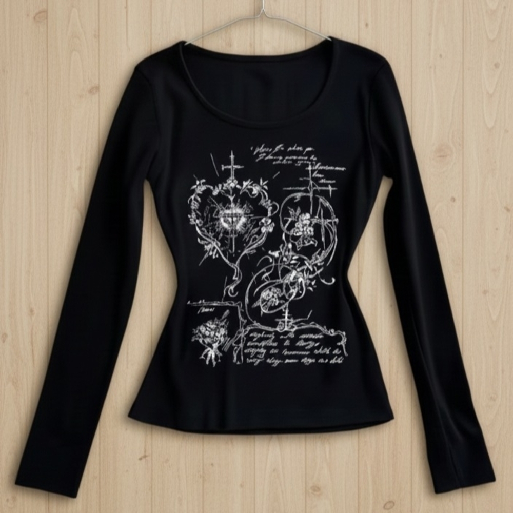 Elegant Black Long Sleeve Top with Graphic Design